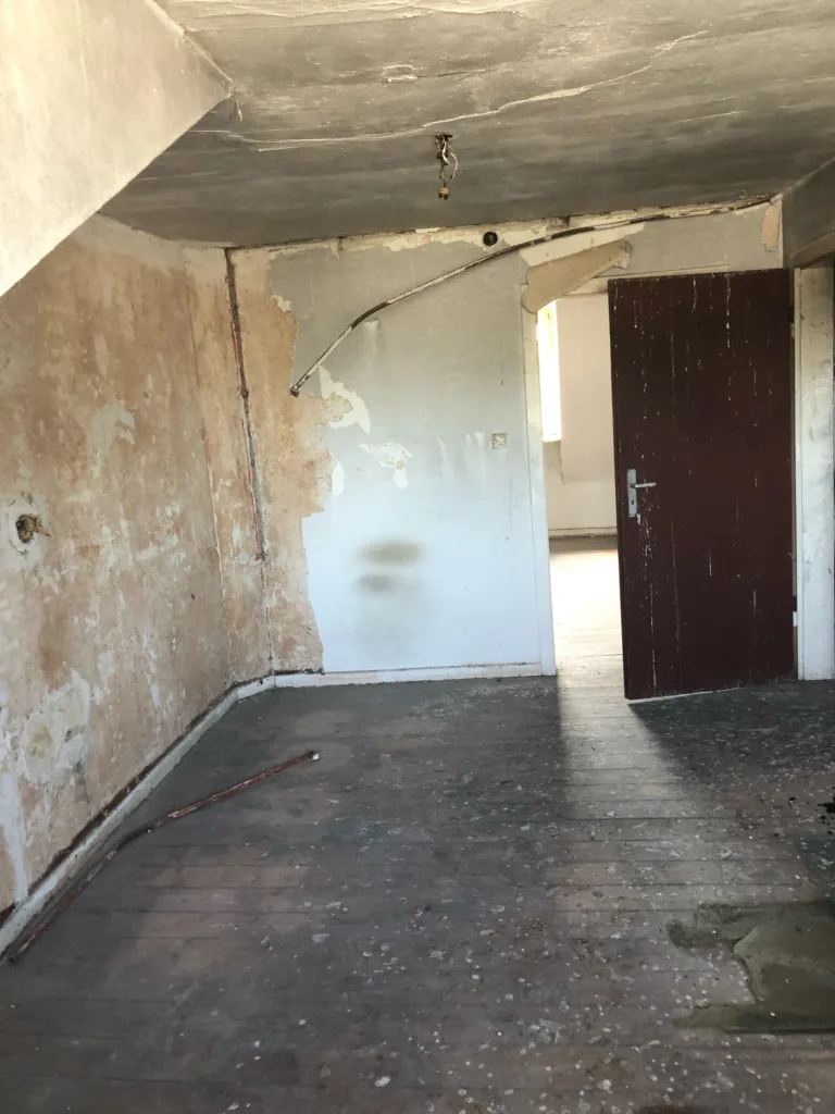 Empty room with flaking plaster and an open wooden door