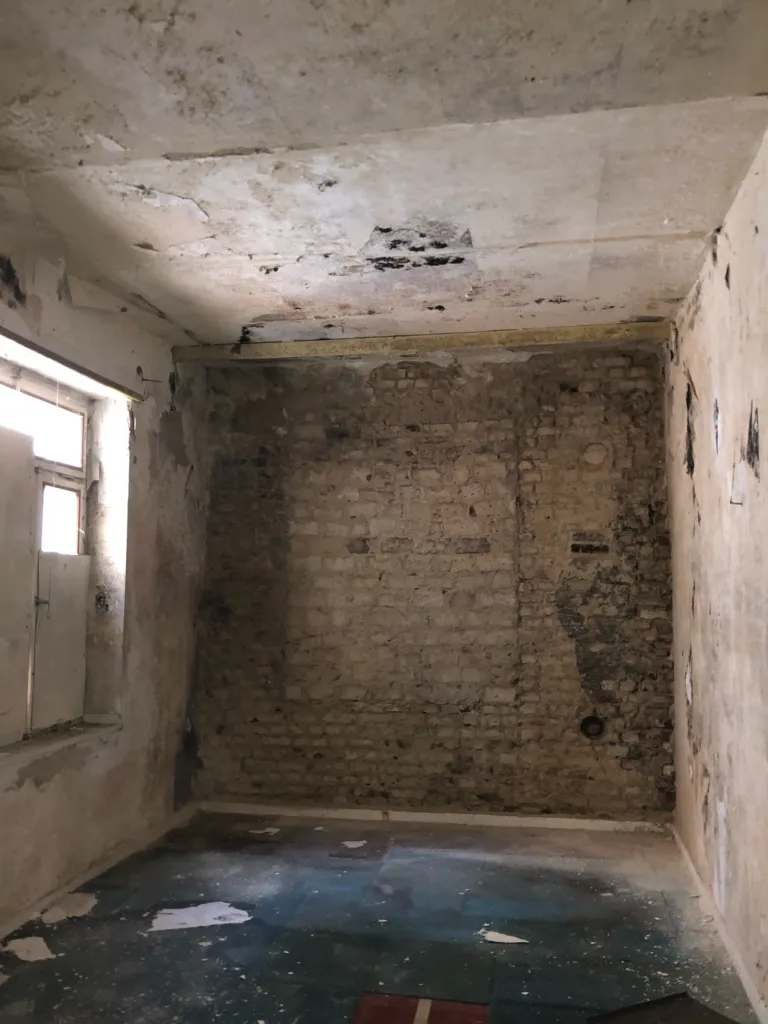 Room with exposed brickwork and remnants of the floor covering