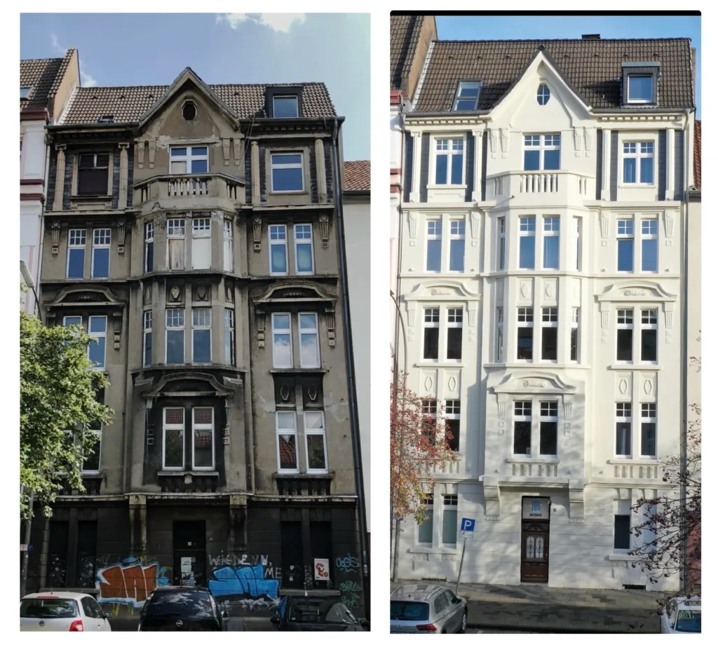The facade of Gneisenaustraße 93 before the renovation, gray and covered in graffiti, and afterwards, brightly restored